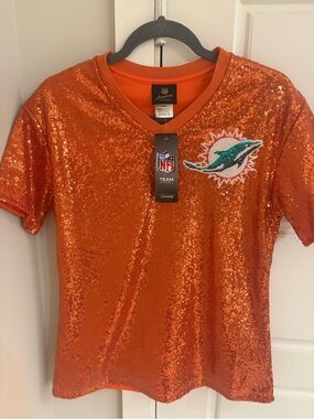 NFL Miami Dolphins Juniors Orange Sequin V-Neck Top